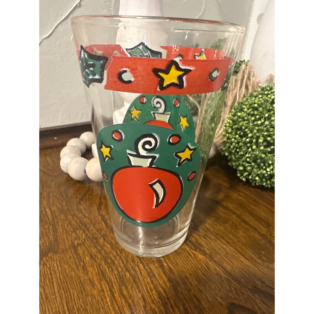 Gibson Christmas Ornament Holly Star Clear Glass Pint Tumbler Red Green Holiday